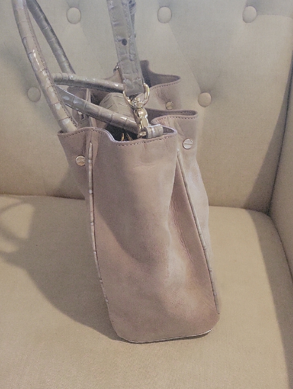 Brahmin handbag Mallory Warm Gray Tan Reynolds Glove Soft Leather Satchel - Picture 8 of 9